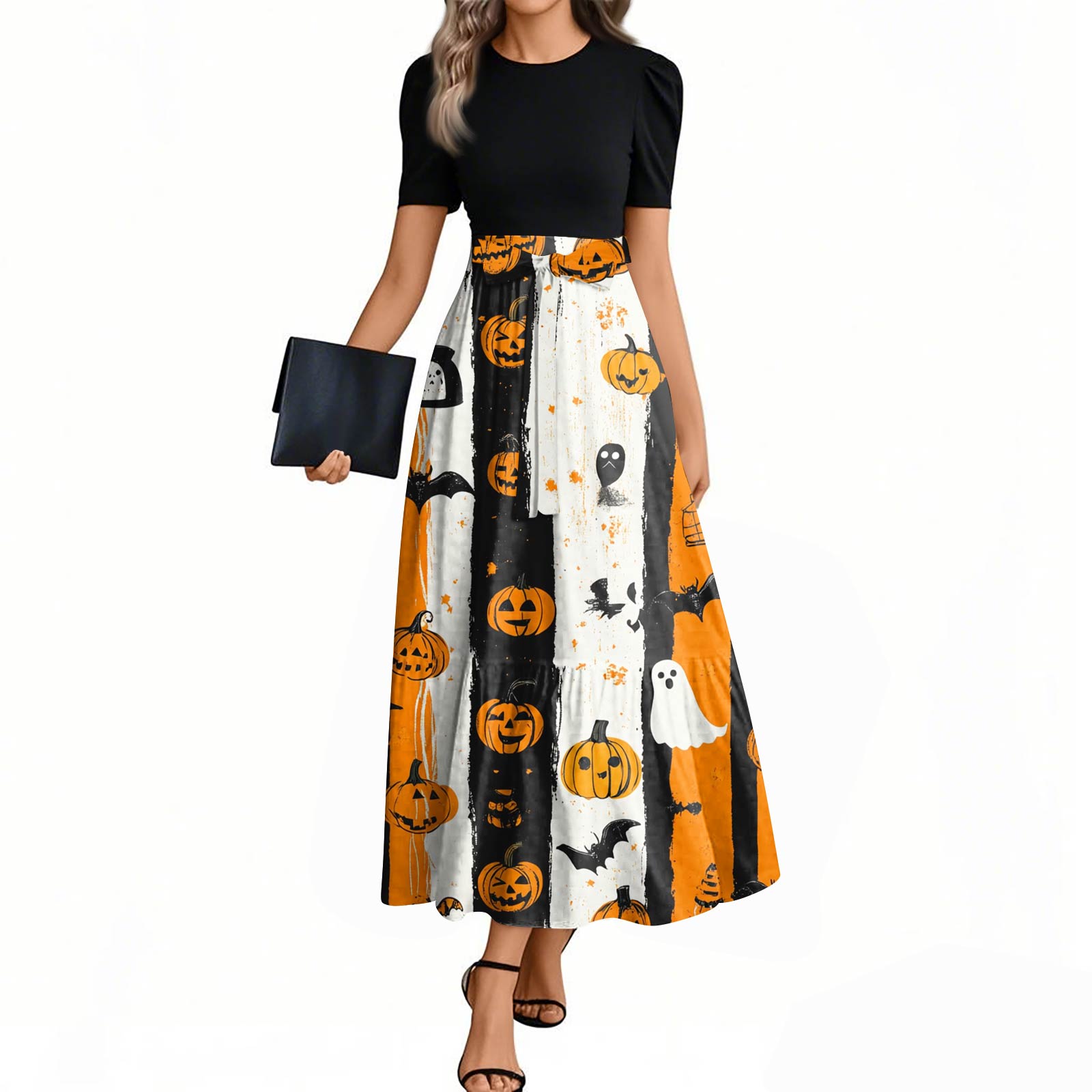 

Женское модное повседневное платье с поясом, с коротким рукавом, круглым вырезом и элегантным принтом на Хэллоуин XL оранжевый