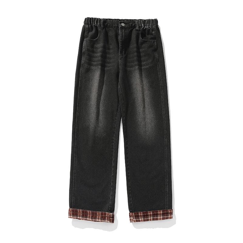 

Spring and Autumn Men s New American Style Casual Plaid Stitching Loose Straight Jeans 3XL