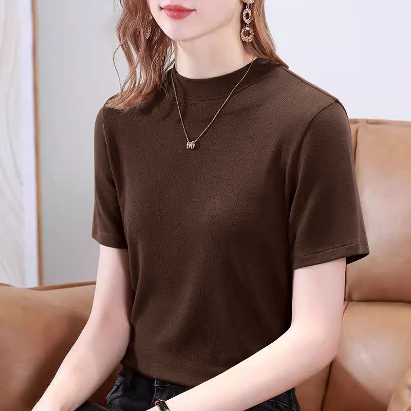 Womens Casual Solid Color Mock Neck Short Sleeve T Shirt