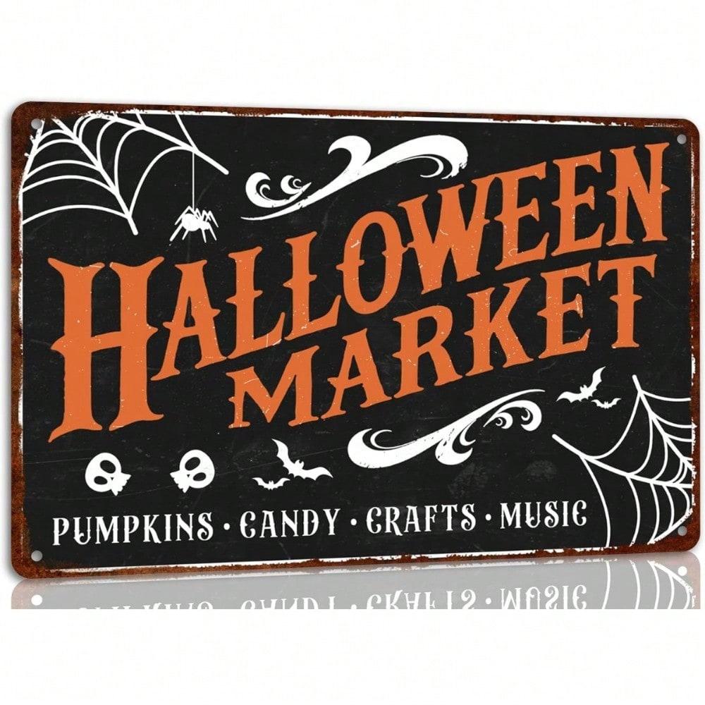 Halloween Tin Sign 8x12in Spooky Witch Pumpkin Ghost Wall Decor, Waterproof, UV Protected, Pre-Drilled Holes