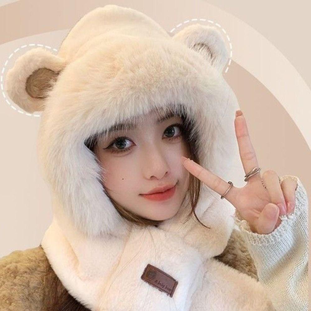 Warm Plush Scarf Soft Winter Neckerchief Cartoon Bear Ear Hat  Ski