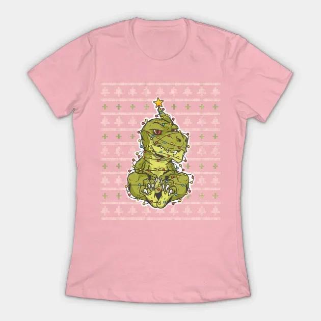 Dinosaurs Wrapped In Christmas Lights Funny Christmas Womens TShirt