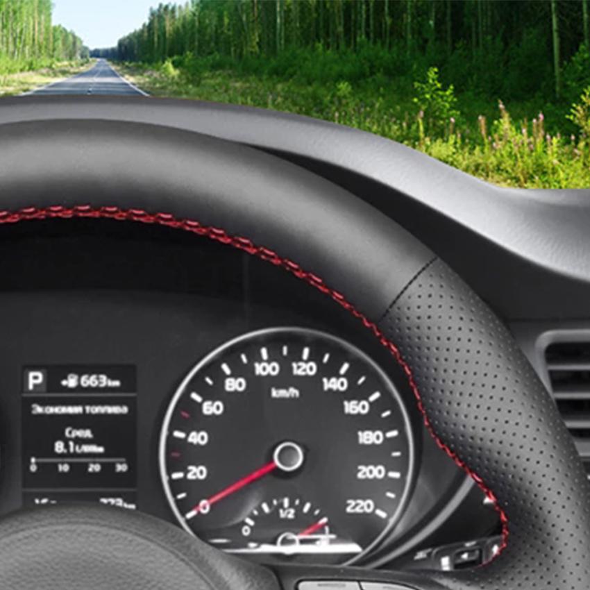 Schwarzer Kunstleder-Lenkradbezug mit rotem Marker, handgenäht, rutschfest, für Kia Rio Rio5 K2 Picanto Morning 2017 2018 2019