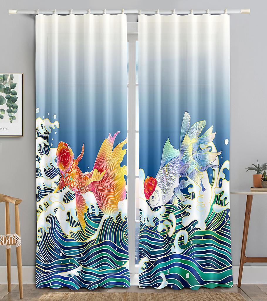Chinese Tradtional Gold Fish Sea WaveBlackout Window Curtain for Living Room Bedroom Bathroom Kicthen Door Cupboard Decor Hooks