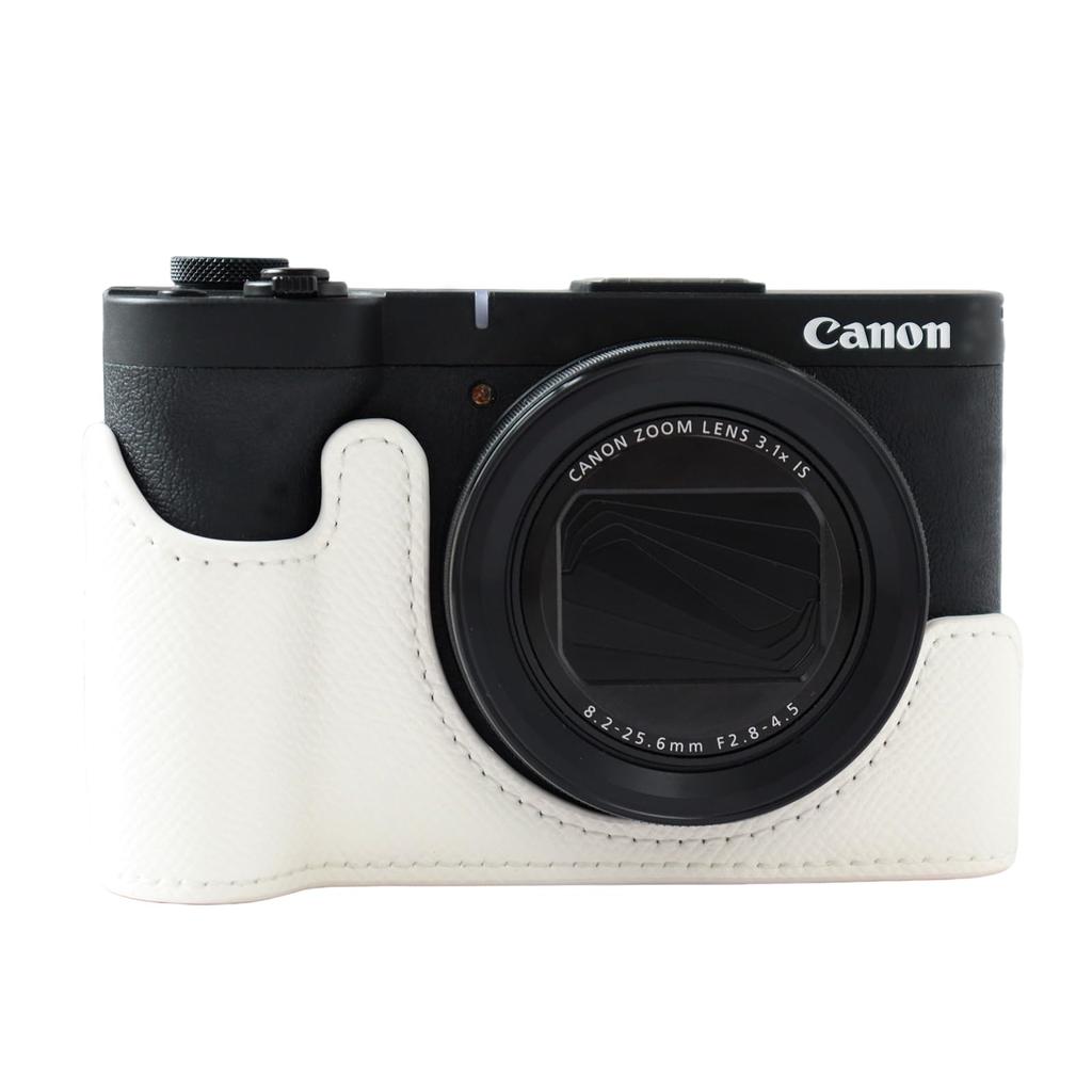 Rieibi Camera Case for Canon PowerShot PU Leather Half Case for Canon PowerShot White Not V1, V1, (Camera Included)