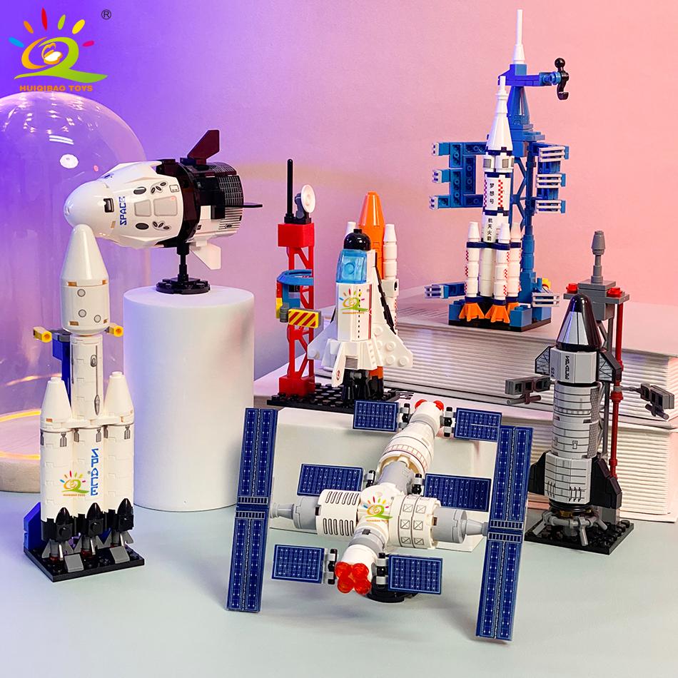 HUIQIBAO Letecký kosmodrom Model Raketoplán Raketa Startovní centrum Stavební bloky MOC Kosmická loď Dětské kostky Hračka
