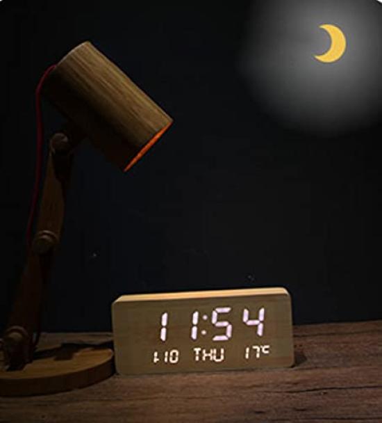 Digital Desk Clock with Calendar, Temperature Display, and Alarm Function - Simple Wood Grain Design, Multifunctional, USB Powered, Gift (Neo Black)