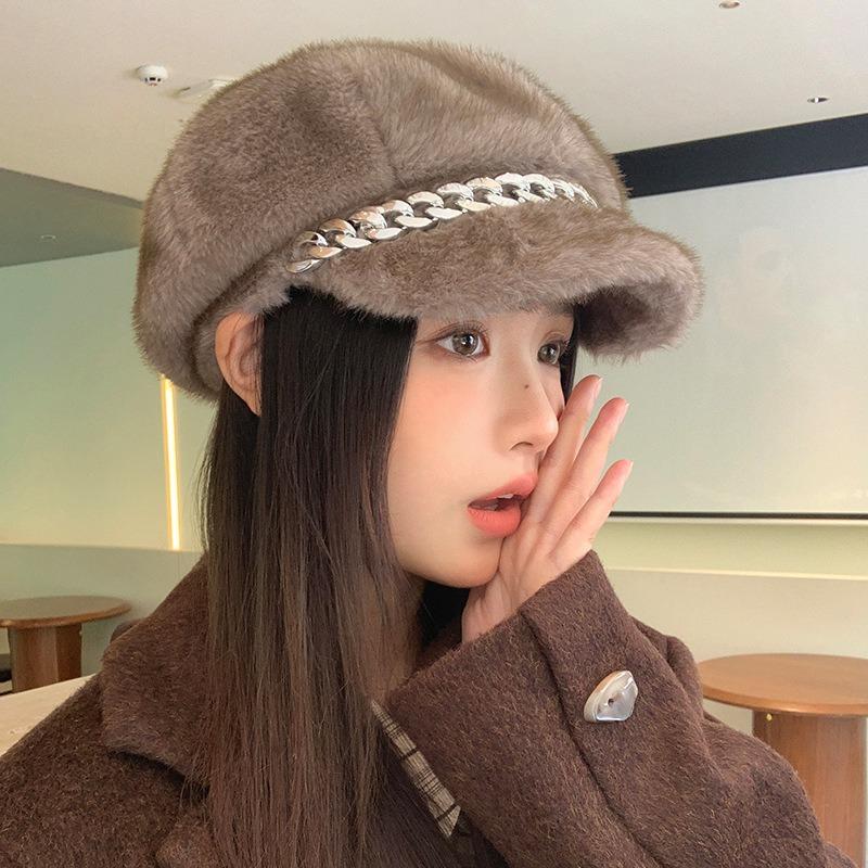 Temperament imitation mink hair chain beret autumn and winter hat women's octagonal hat fleece thickened thermal hat