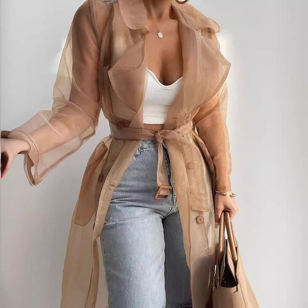Loose Chiffon Women Shirt Jacket Net Yarn See Through Blouse Spring Summer Coat Lace-up Long Shirt Tops