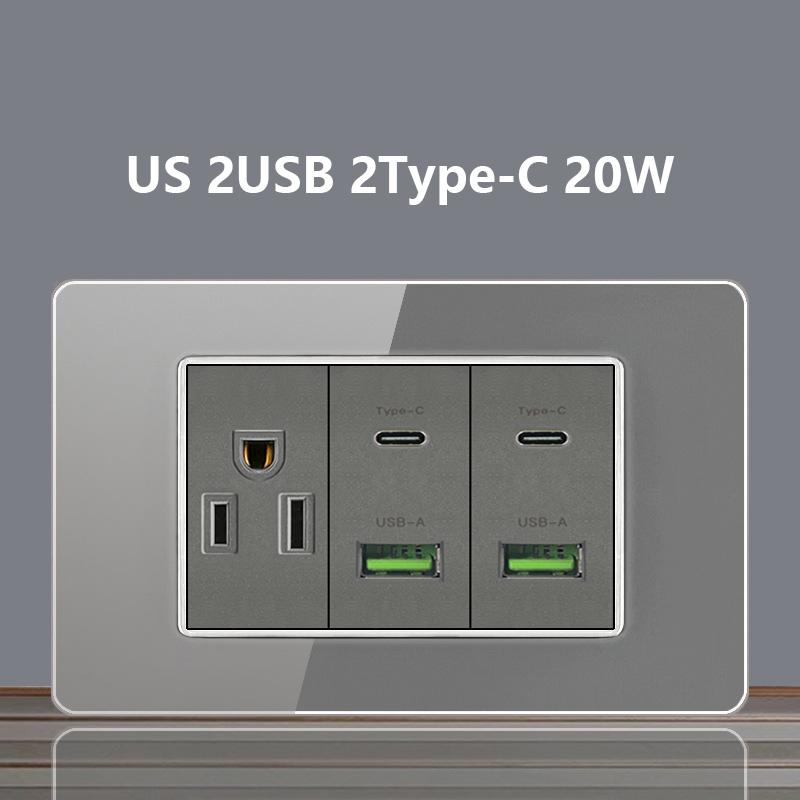 Italy Chile Socket with USB Smart Type-c 20W Fast Charging Glass Wall Electric Light Switch,Thai US Brazil Dual USB Power Socket