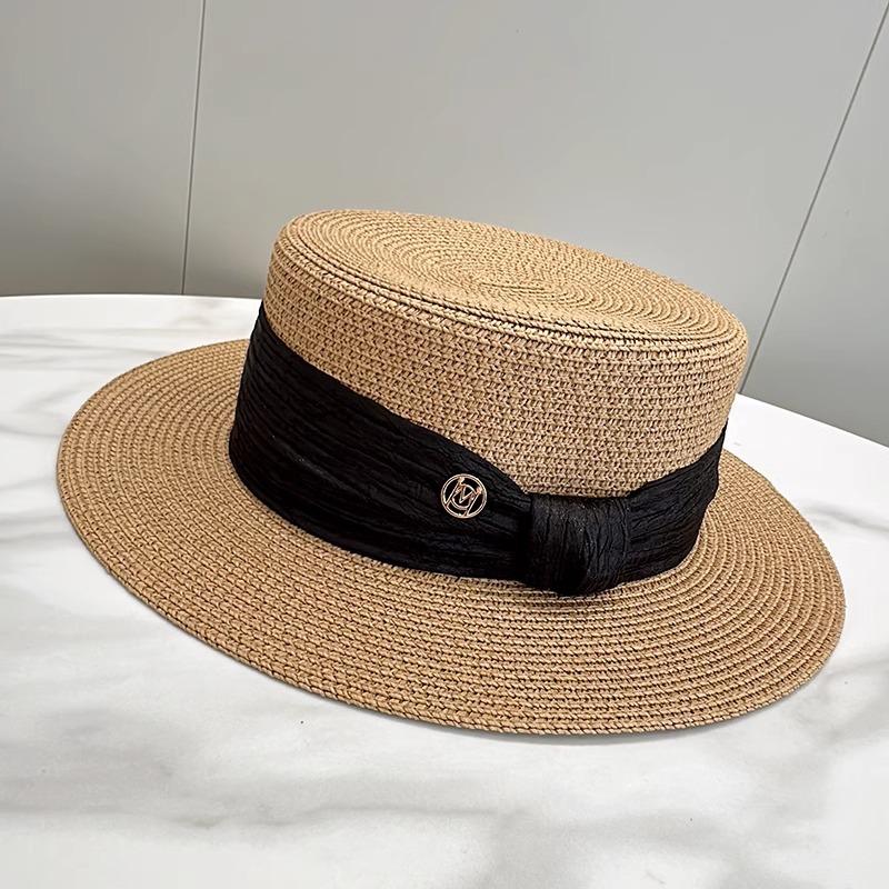 

Elegant flat-top straw hat women s spring and summer high-quality travel versatile bow casual sunscreen sun hat Adjustable хакі