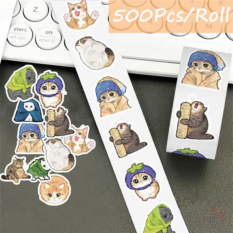 500Pcs/Roll Ink Art Funny Cat Kids Rewards Stickers - DIY Scrapbooks Album Decor Sealing Label Decals