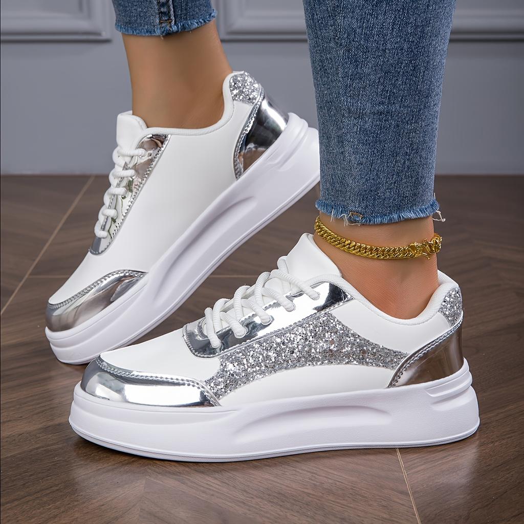 Women's Sequin Decorative Casual Sneaker, Lace-up Lightweight Soft Sole Walking Skateboard Shoes, Low-Top Comfortable