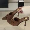Fashion Pointed Silk Slippers Metal Buckle Hollow Out High Heels 2025 Summer Fashion Open Toed Women Mules Shoes Claquette Femme