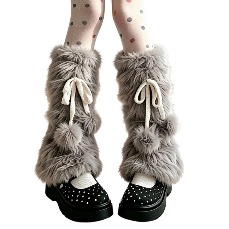 Plush Leg Warmers for Fall and Winter Layering, with Flared Lower Openings, and Bowknot Accent, Thick Faux Furs Boot Covers Long Socks for Women