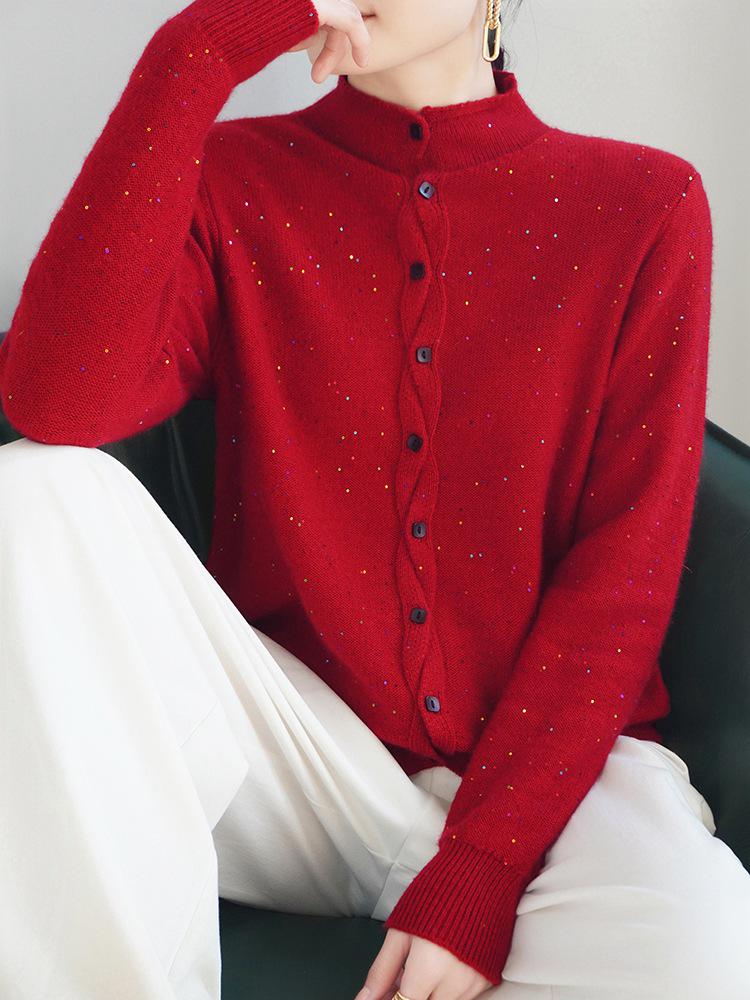 Women's Wool Knit Cardigan with Colorful Beads & Half-High Collar