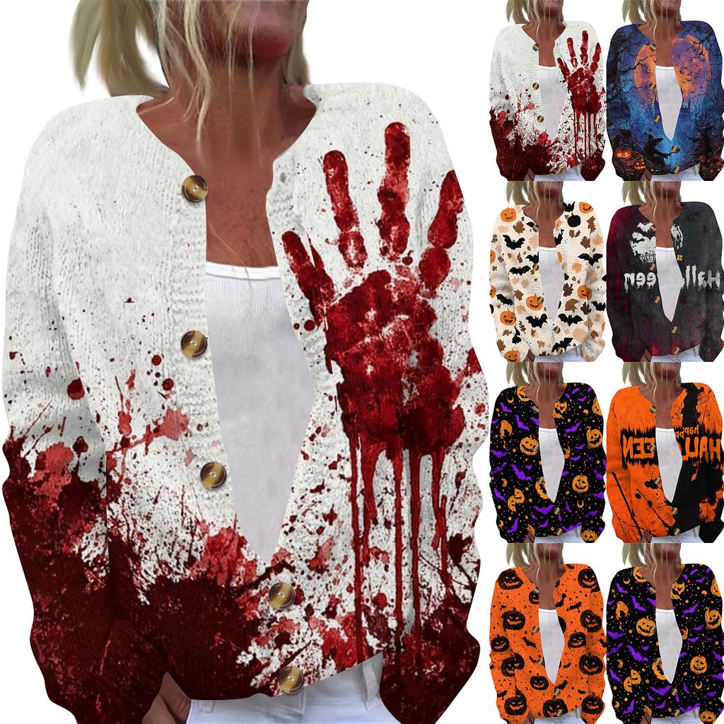 Women's Long Sleeve Knit Cardigan with Halloween Print Button Front