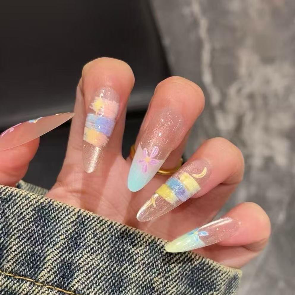 

Сад Моне: Красочные расписные накладные ногти «кошачий глаз» с эффектом отбеливания для весны/лета XS (Small Nail Beds|Petite Choice)