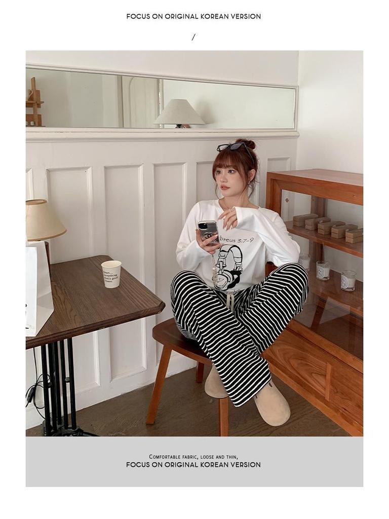 Women's High Waist Striped Terry Cloth Wide Leg Pants - Plus Size, Spring Slimming Draping, Style 63158