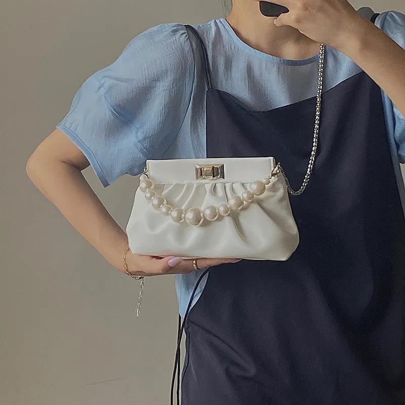 

WTEMPO женская винтажная сумка с украшением из бусин, женская однотонная сумка с цепочкой под мышками, вечерняя сумка на одно плечо белый