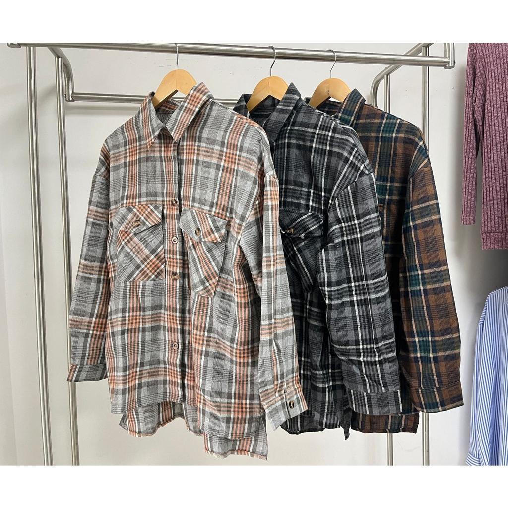 Women's Loose Long Sleeve Plaid Turn-down Collar Pocket Shirt  Autumn Winter New Arrival, Casual Blouse Top for Women, Ready to Ship