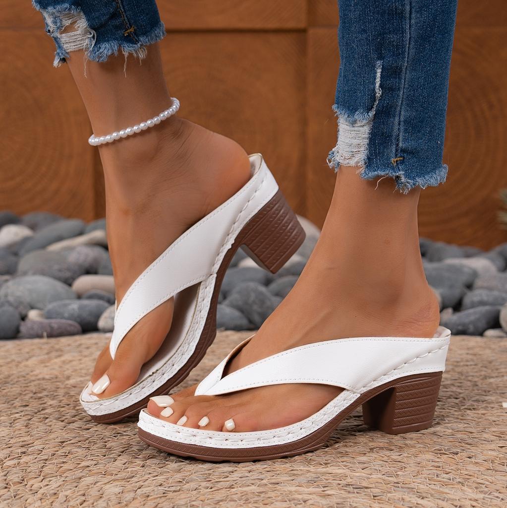 Fashion Women Sandals High Quality Summer Sandals Woman Solid Color Mid Heel High Heels Shoes Women Open Toe Flip Flops Sandals Female