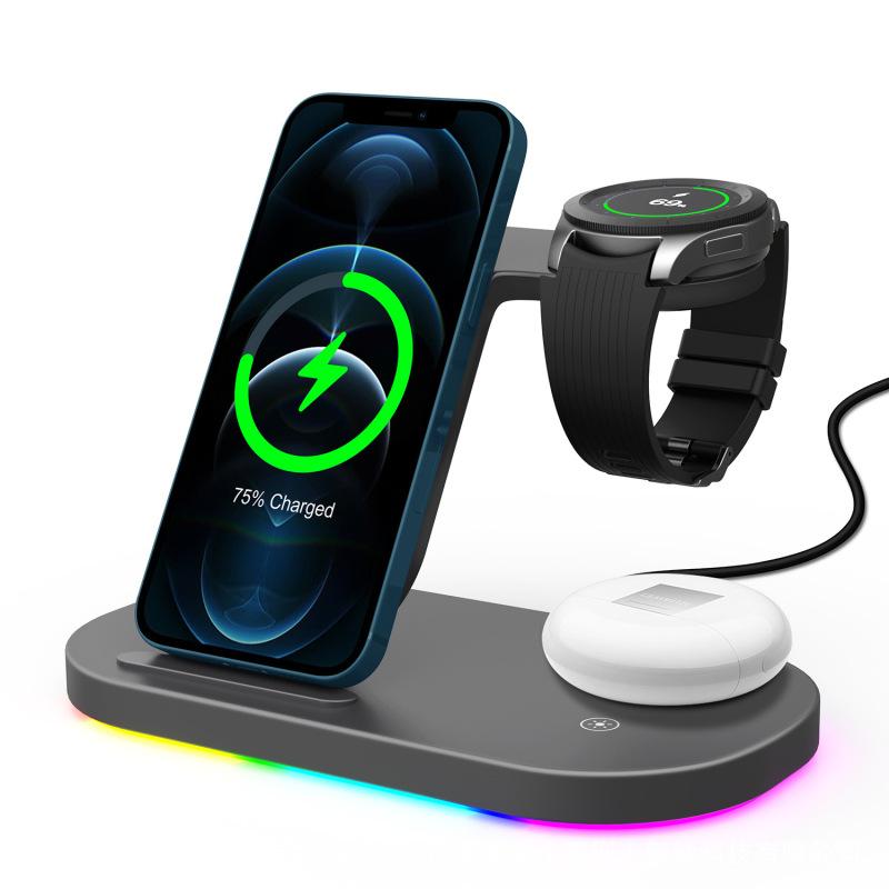 Suport de încărcare fără fir 3 în 1 cu lumină LED inteligentă Stație de andocare de încărcare rapidă de 15 W pentru iPhone Samsung S22 S21 Galaxy Watch 5 4 Buds Pro