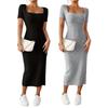 Women Summer Dress Square Neck Split Hem Knitted Elastic Skinny Solid Color Mid-calf Length Short Sleeves Lady Party Commute Midi Dress