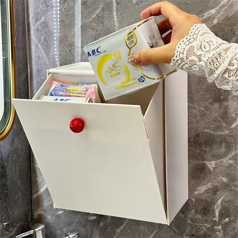 

Настенный ящик для хранения с откидной крышкой в японском стиле: Очень большой держатель для масок, мусорное ведро для ванной комнаты, органайзер для ватных дисков и гигиенических прокладок. White (no ball)