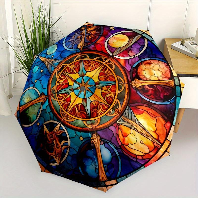 Stained Glass Celestial Wheel Artwork - Vibrant Wall Decor Umbrella, Christmas Gift Y142