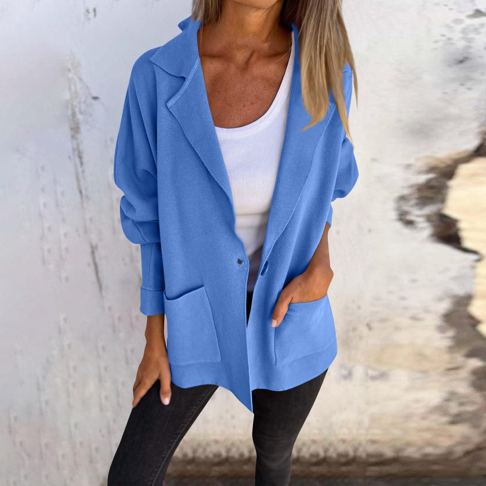 

Женская зимняя шерстяная куртка, повседневный универсальный свободный кардиган с карманами на лацканах и пуговицами XL небесно-голубой
