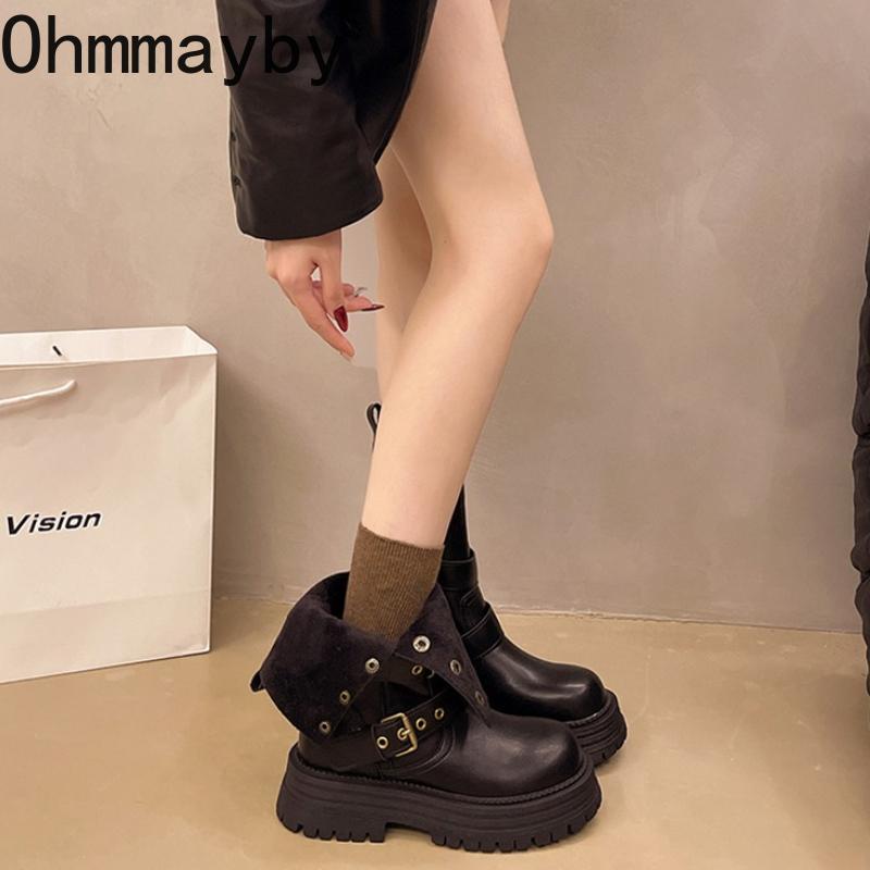 Winter Fashion Platform Women Knight Boots Designer Belt Buckle Thick Bottom Shoes Elegant Mid Calf Booties