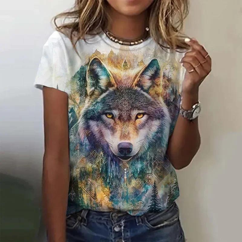 3D printed animal T-shirt women's fun wolf pattern T-shirt summer new Harajuku T-shirt top loose short sleeved clothes