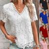 Women's T-shirt Fashion Summer Short Sleeve White Lace Short Sleeve V Neck Plus Size T Shirts Women Vintage Embroidery Solid Color Basic T-shirts New