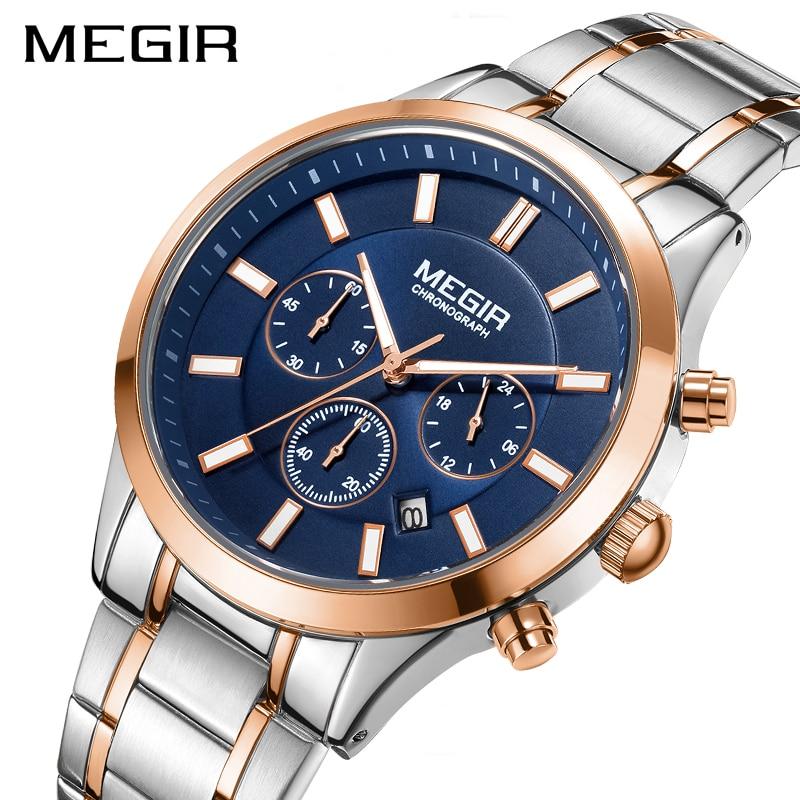 

Водонепроницаемые наручные часы MEGIR из нержавеющей стали для мужчин, светящийся хронограф, деловые кварцевые мужские часы, мужские часы reloj hombre