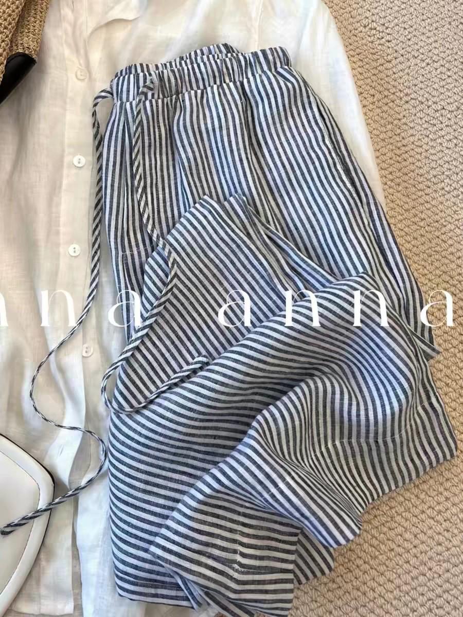 JINXI Women s Summer 2026 Blue Striped Linen High-Waist Wide-Leg Pants - Slimming and Versatile Casual Style XL