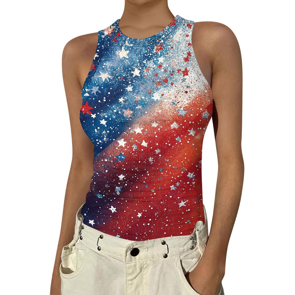 Women's Fashion Round Neck Independence Day Print Sleeveless Vest Top