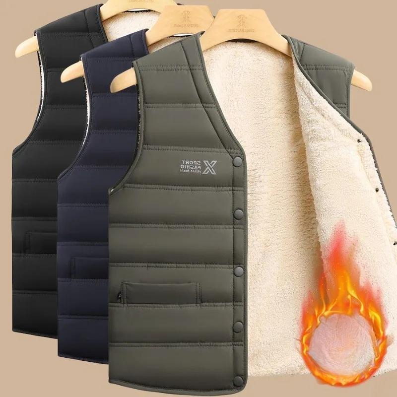 Winter Men Fleece Warm Vest Jacket Letter Print Windproof Wool Liner Warm V-neck Casual Coats Padded Thicken Outdoor Waistcoats