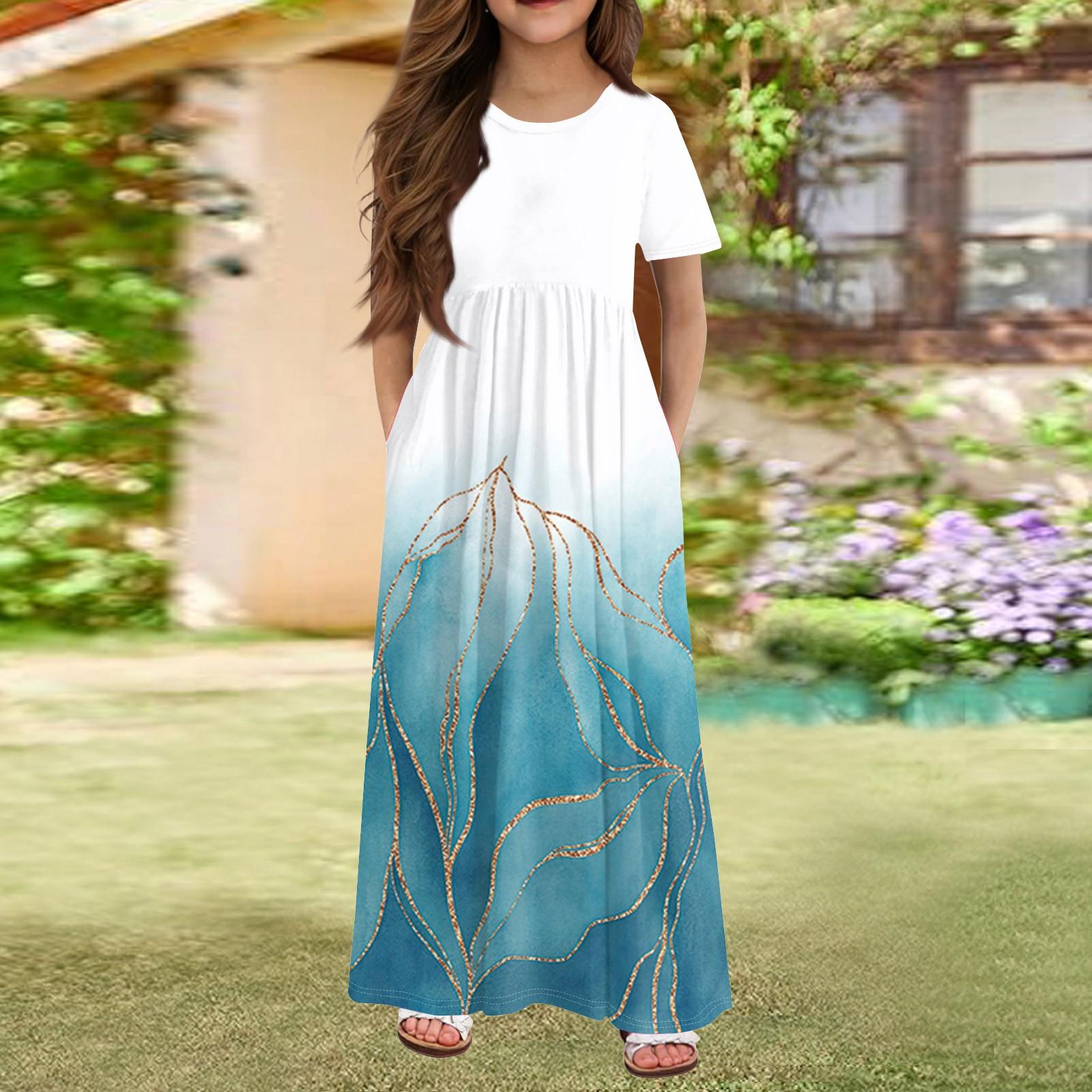 

Длинное летнее платье для девочек - платье макси с короткими рукавами и карманами для детей 4-14 лет 160