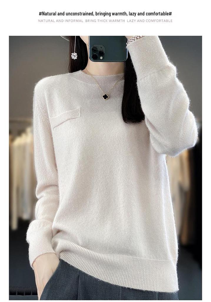 2023 Women's Cashmere Wool Knit Pullover - Solid Color, Versatile, Round Neck Base Layer