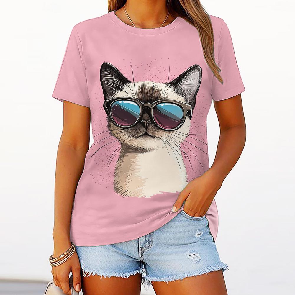 Women's T-Shirt Funny Cat Graphic Short-Sleeved Fashion Casual Oversized Round Neck Women's Summer Clothing