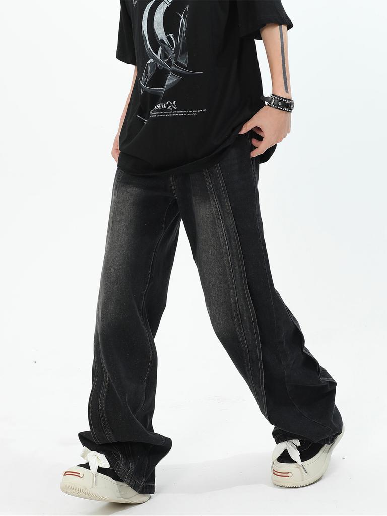 JYL Men's Wide-Leg Jeans Heavy Patchwork  American High-Street Draped Denim