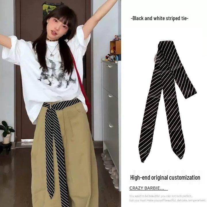 Женский ретро-аксессуар: Розовый галстук-шарф с горошком, пояс