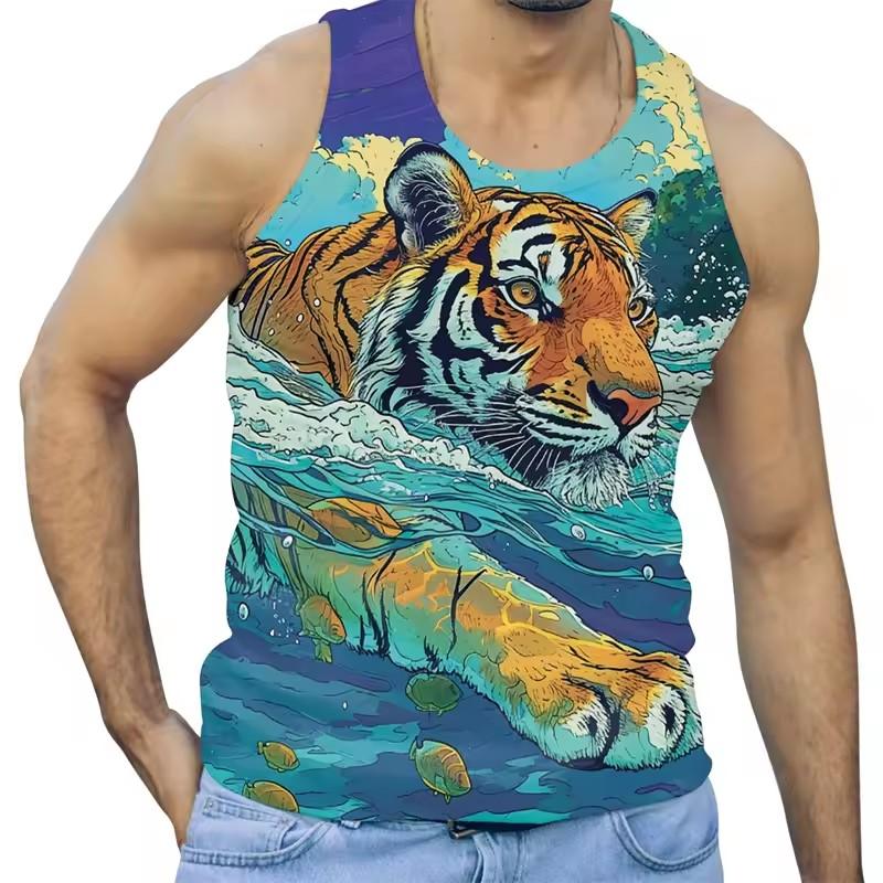 Trend Tiger Graphic Tank Tops Men Fashion Summer Sleeveless 3D Animals Printed Men Vest Cool Streetwear Oversized Tees Tops
