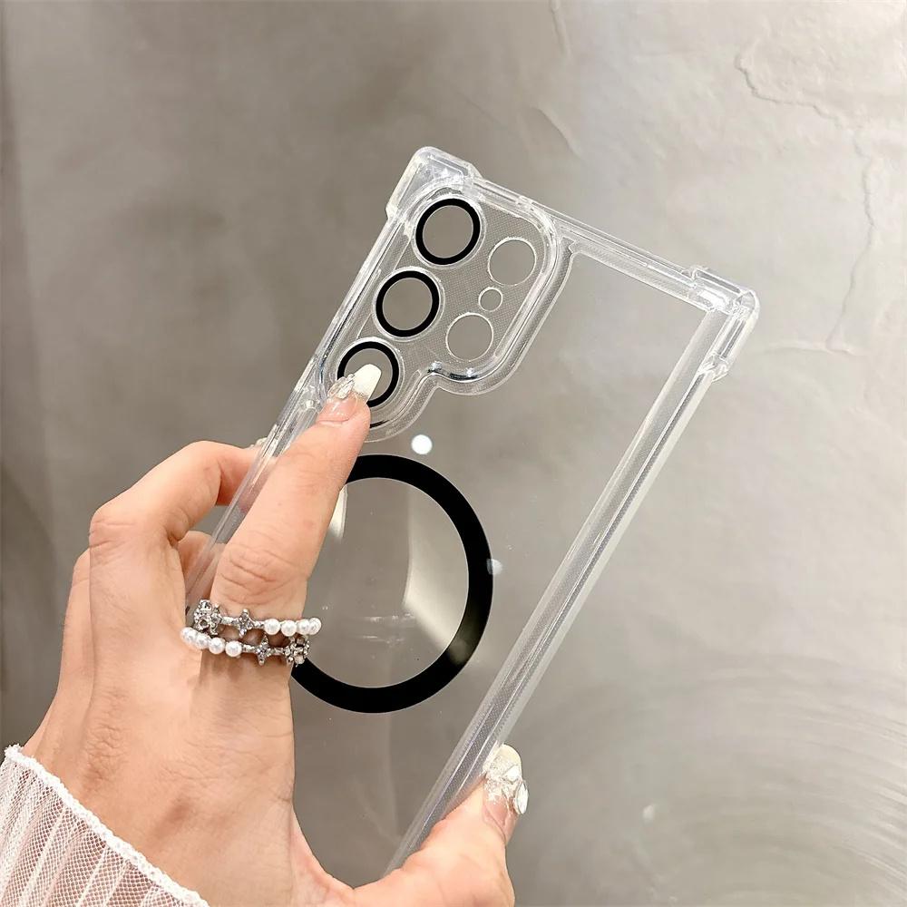 For Magsafe Transparent Magnetic Phone Case For Samsung Galaxy S25 S22 S23 S24 Ultra Plus Wireless Charging Cover Clear Case