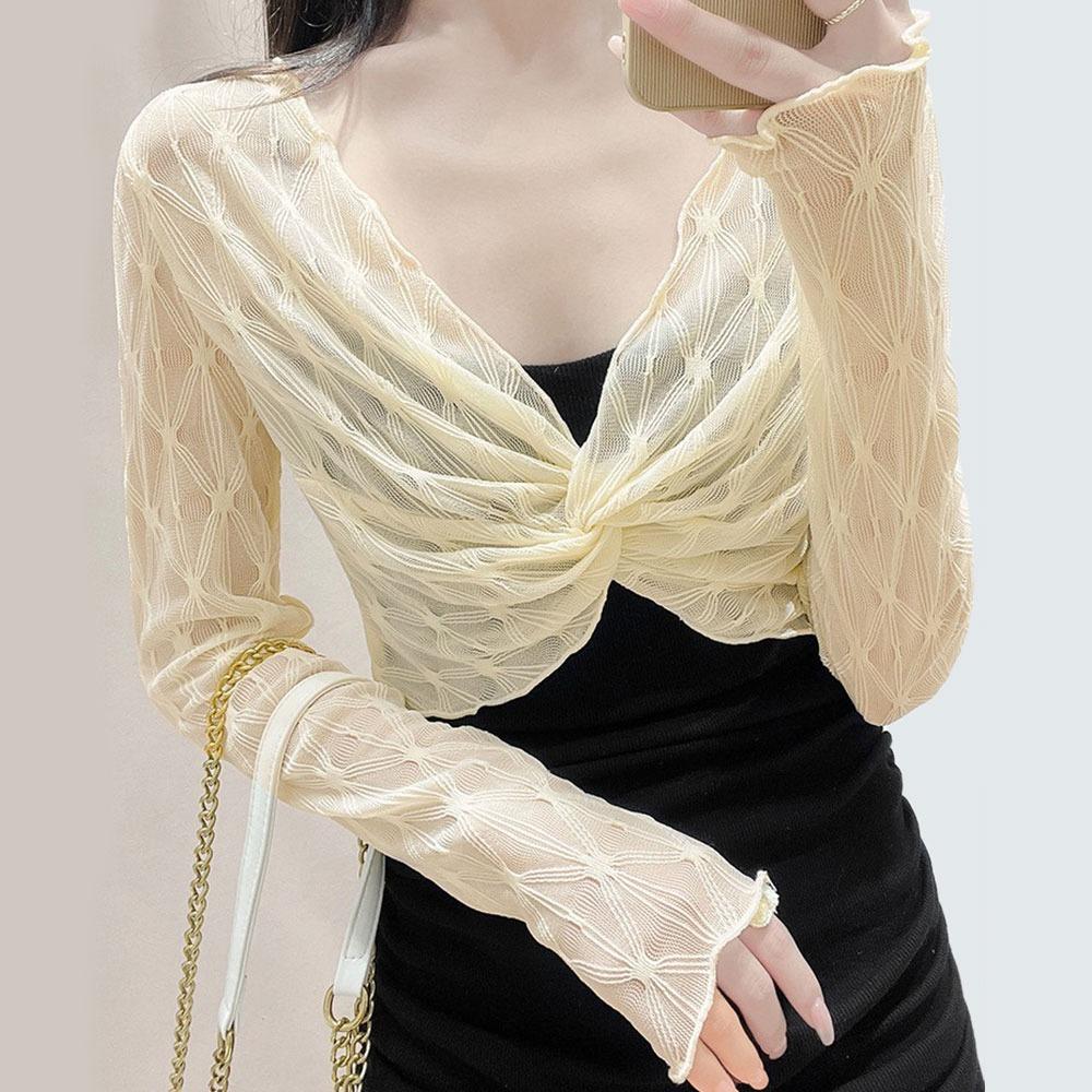 

Шаль из сетки с длинными рукавами, защита от солнца, кружевной топ, новый короткий накидка, женская одежда XL абрикосовый