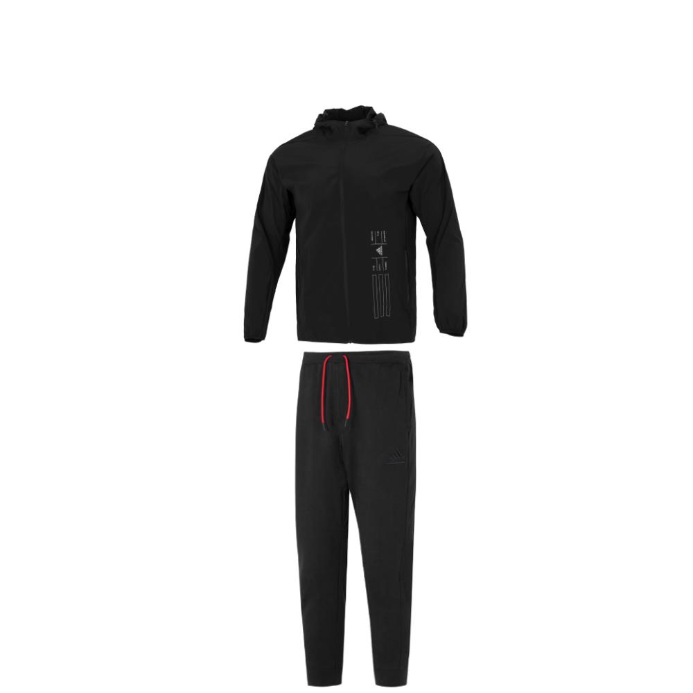 

Adidas Минималистская тканая куртка с капюшоном и зауженные трикотажные прочные брюки, повседневный спортивный комплект для мужчин, черный HE9915+IT3985 M