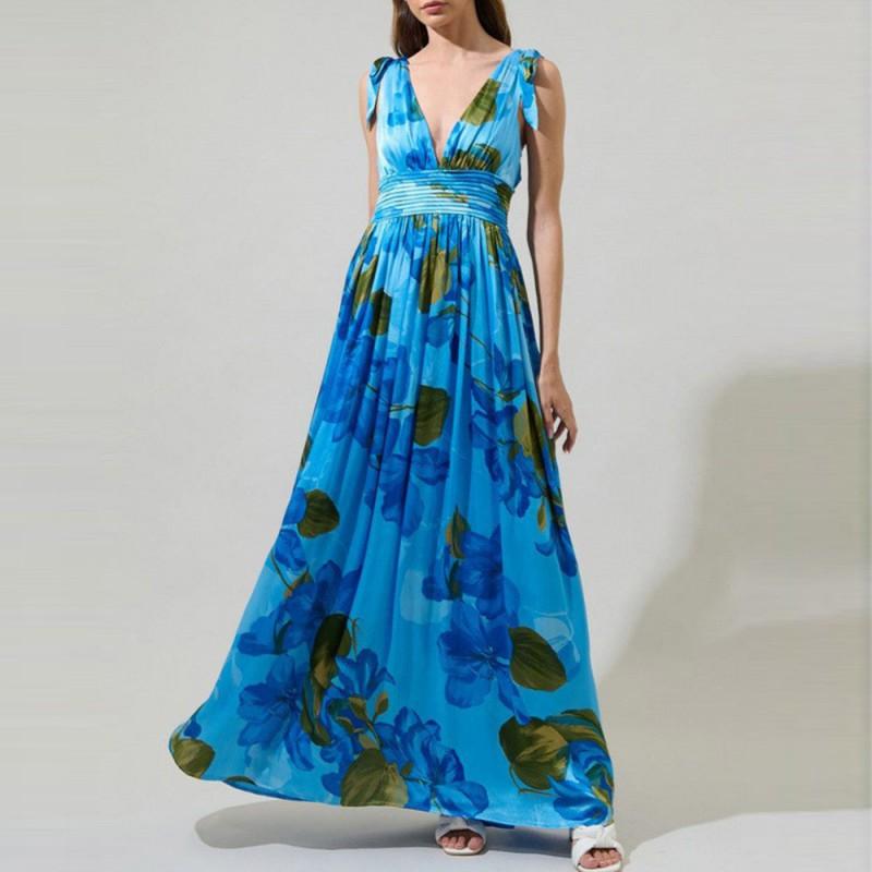 Boho Floral Print Deep V-Neck Wrap Maxi Dress Women 2026 High Waist Sleeveless Flowy Beach Vacation
