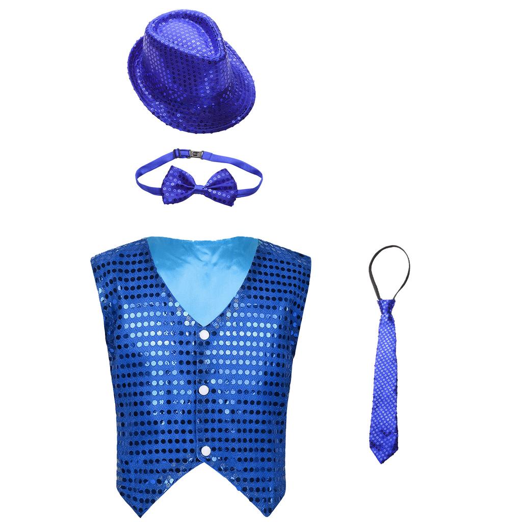Unisex Kids Shiny Sequin Vest Waistcoat Performance Set Hat Bowtie Necktie Jazz Dance Stage Costume