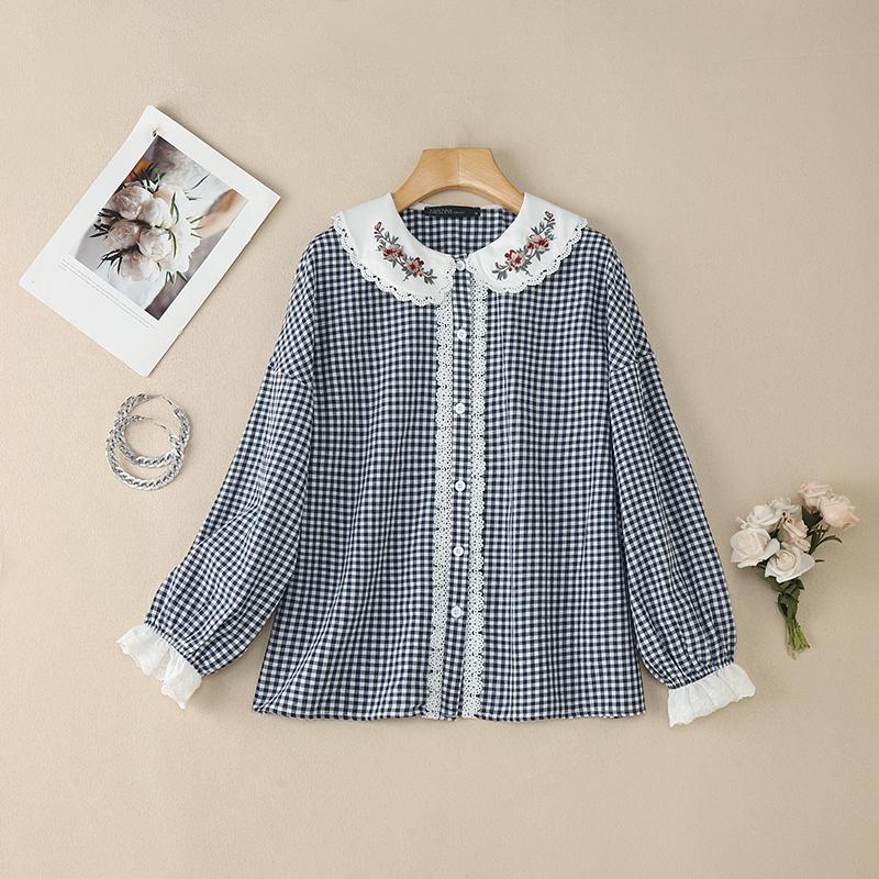 ZANZEA Women Floral Splice Doll Collar Casual Long Sleeve Plaid Print Blouse